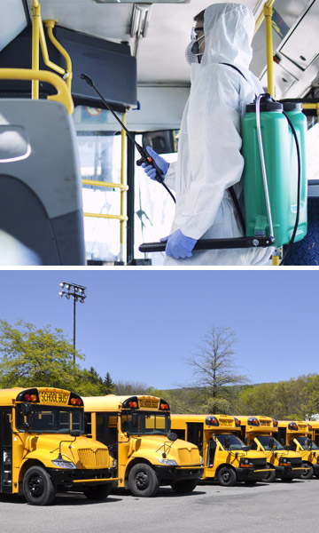 Images of a person spraying PermaSafe in the interior of a bus, and a fleet of school buses.