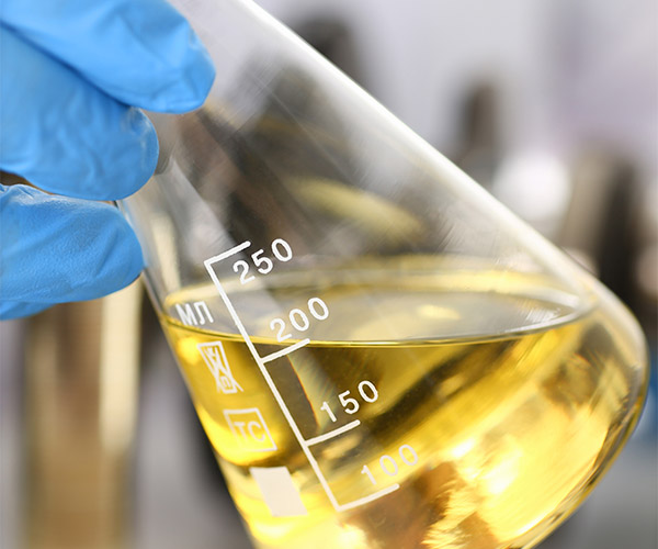 Technician testing yellow liquid in glass beaker.
