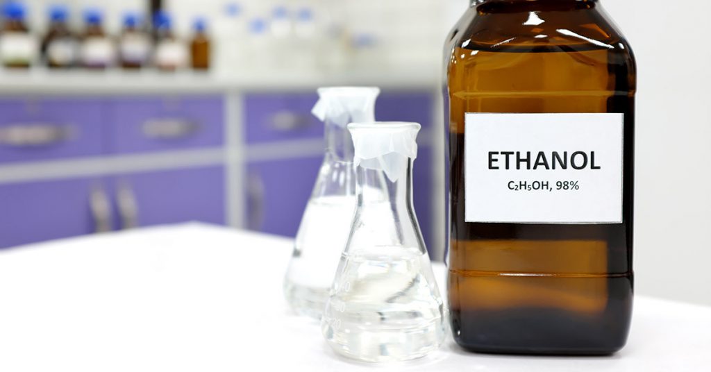 A bottle of ethanol in a laboratory.